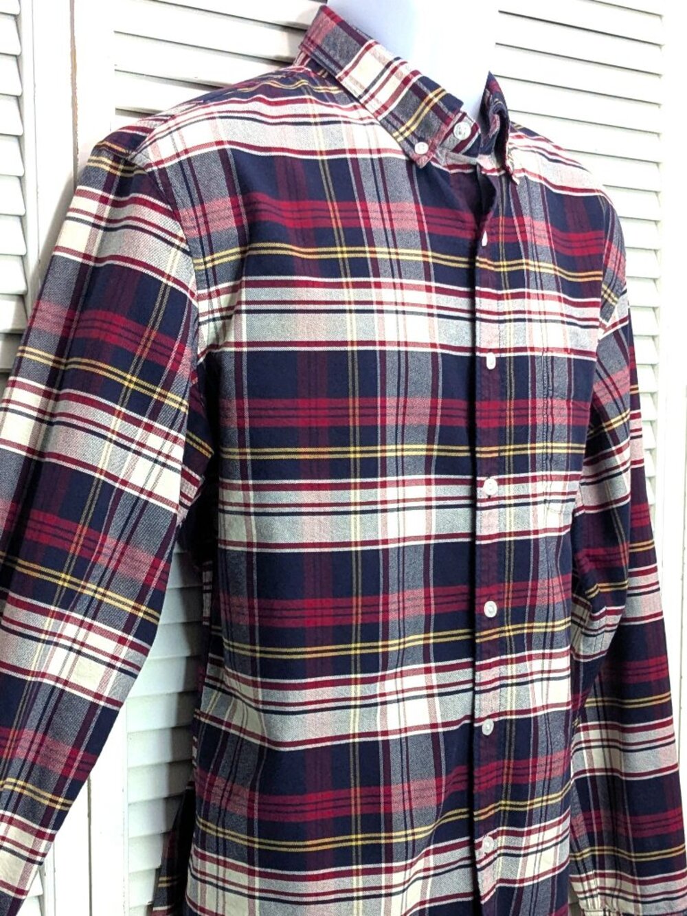 J Crew Mens Flex Oxford Shirt Large Red White Blue Plaid Button Down Slim $24